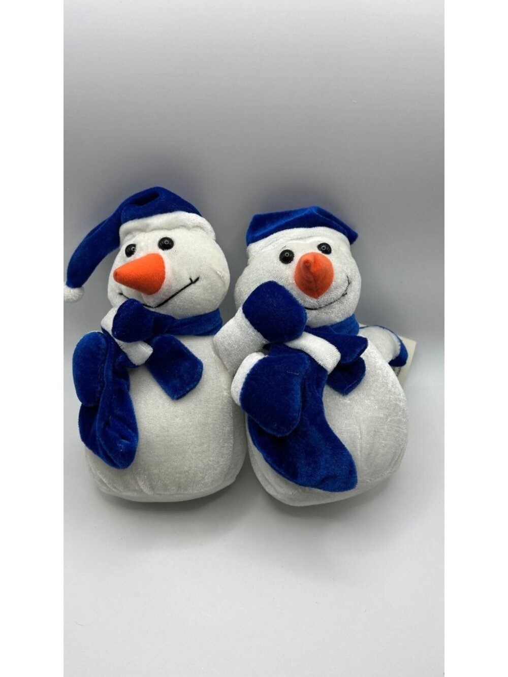 Snowman Plush Dolls Pair Blue Hat & Scarf Festive Decor Set